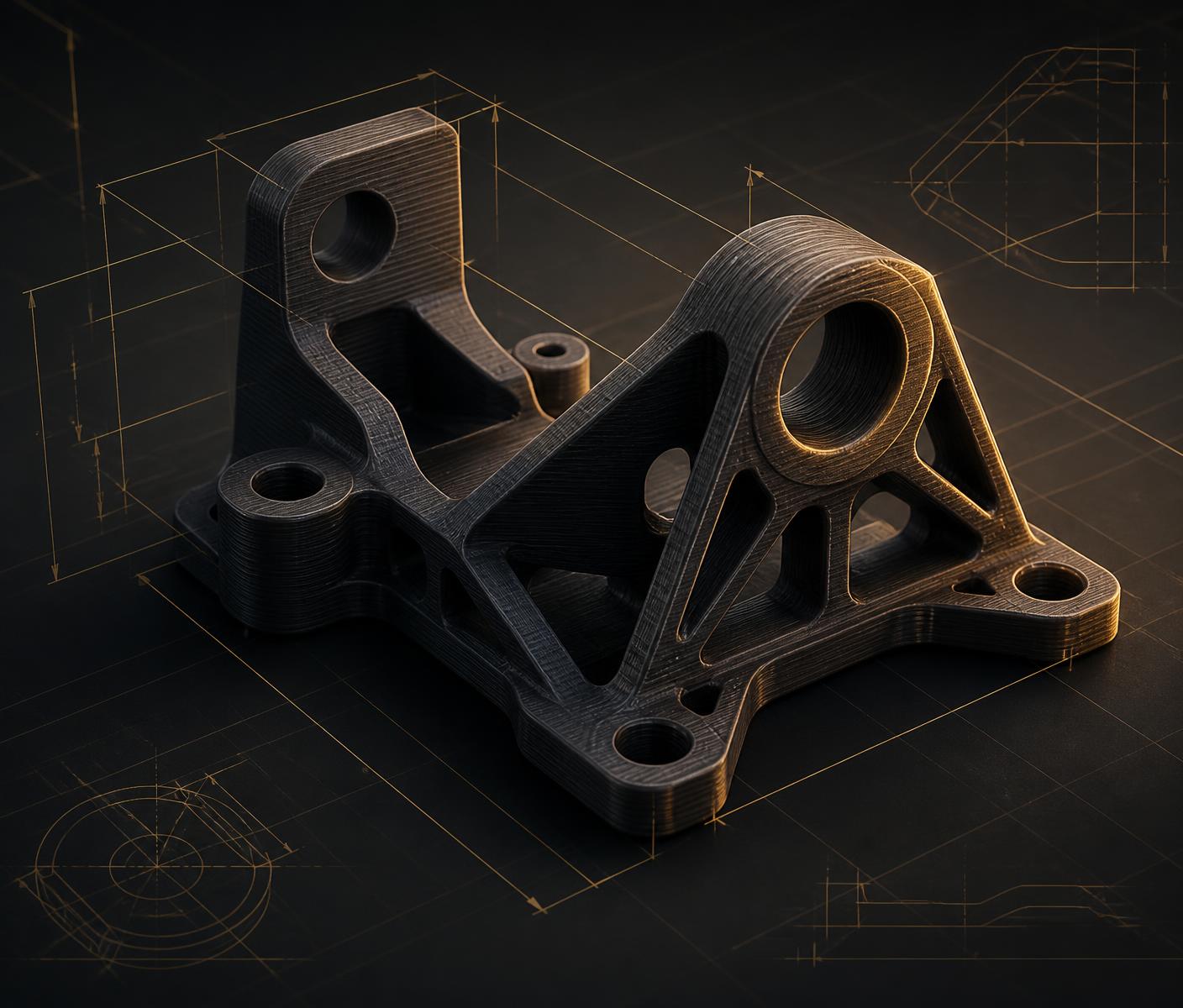 Peça técnica produzida em impressão 3D com linhas de medida e wireframe técnico